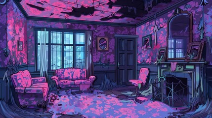 Living room interior with abandoned furniture and wallpaper. Broken pink furniture with floral patterns, cracked walls, ragged wallpapers and spider webs. Neglected hunted apartment, modern