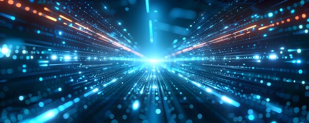 Obraz premium Digital Technology's Luminescent Network: A Glimpse into the Future of Information Exchange, Neon-Lit Digital Technology Abstract Background Illuminating Innovative Design Concept