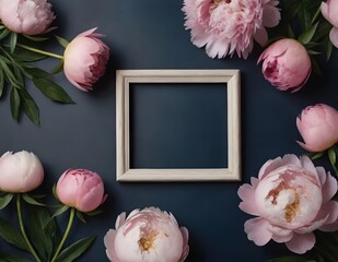 Elegant White and Pink Peonies Surround Wooden Frame on Dark Background