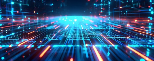 Digital futuristic technology abstract banner background illuminated by vibrant neon lights, forming a dynamic and interconnected network of systems