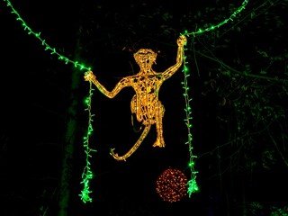 Fototapeta premium a christmas tree with green lights is shown as it sits next to a red ball