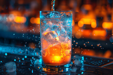 A bartender preparing a multicolored cocktail.