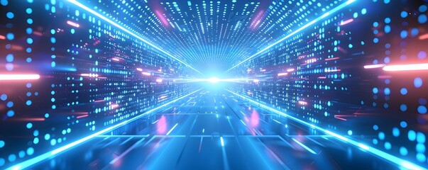 Fototapeta premium Digital futuristic technology abstract banner background illuminated by vibrant neon lights, forming a dynamic and interconnected network of systems