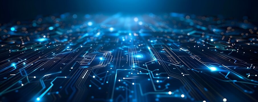 A captivating futuristic digital technology abstract background dominated by a brilliant blue hue, adorned with intricate neon lines, geometric patterns and Electronic circuit board lines