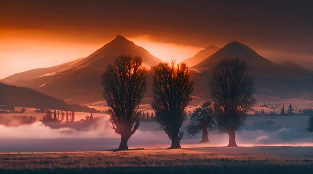 Stunning landscape features row of tall, bare trees in the foreground, with misty fields leading to majestic mountains bathed in dramatic orange glow from the setting sun