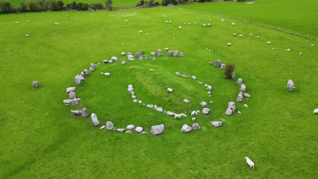 Drone shot of Ballynoe stone circle, believed to be 3500 years old, County Down, Northern Ireland