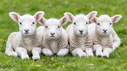 Obraz premium Adorable quadruplet lambs lying on green grass