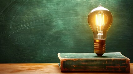 Illuminated light bulb over book against green chalkboard background
