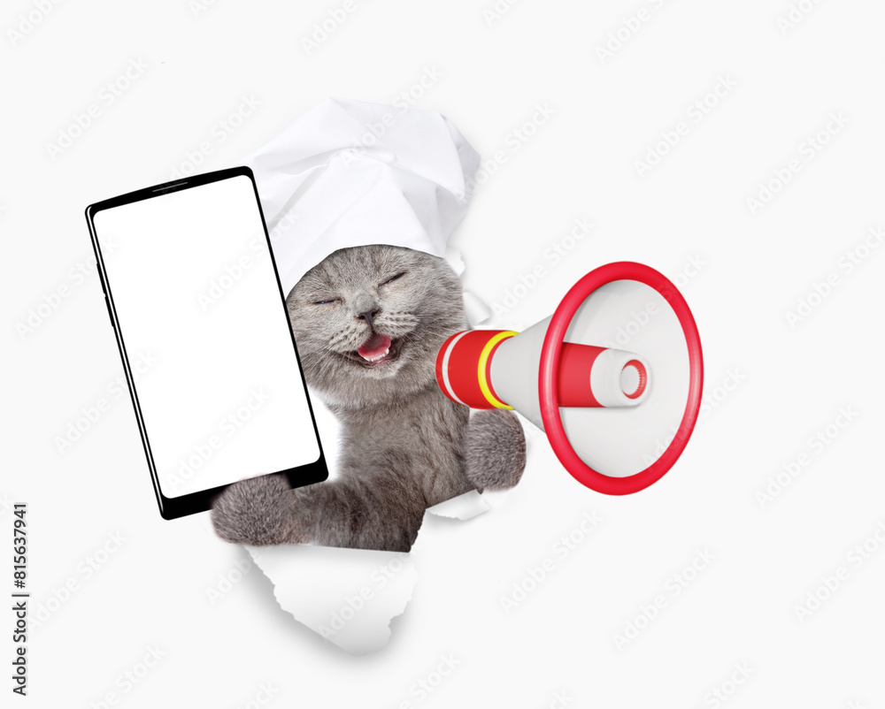 Poster smiling kitten wearing chef's hat shows smartphone with white blank screen in it paw, looking throug