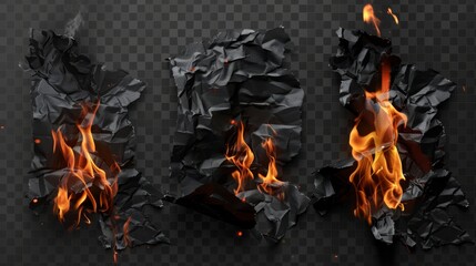 PNG set of burning papers isolated on transparent background. A realistic depiction of long sheets on fire, with uneven edges damaged by flame. Evidence elimination. Last minute deal concept.
