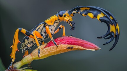 Close-up of vibrant yellow and black beetle on colorful plant