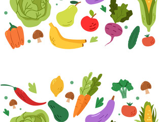 Fruits and Vegetables Border. Vegan Food. Hand Dawn Vector Illustration with Copy Space.