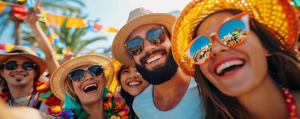 Group of tourists surprised by a sudden festival while traveling abroad, colorful and cultural immersion