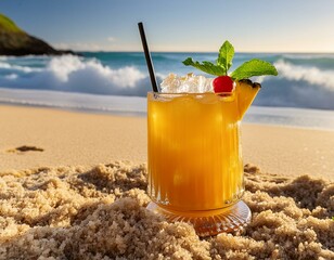 Mai Tai Drink on a sandy beach with waves gently crashing in the background