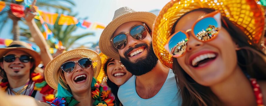 Group of tourists surprised by a sudden festival while traveling abroad, colorful and cultural immersion