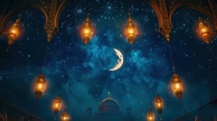 An elegant background depicting a crescent moon and stars against a deep blue sky, with shimmering Ramadan lanterns arranged in a symmetrical pattern and intricate geometric design