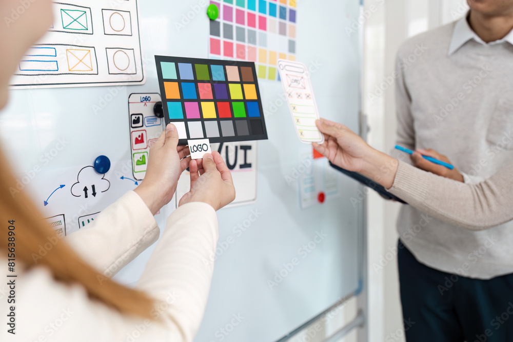 Wall mural ui designers present to team about color design of logo during application design brainstorming. cre