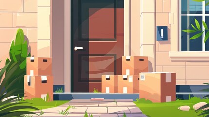 'Delivery service cartoon landing page' with parcel boxes lying outside the open door at the front door. Courier work, shipping, logistics, postal transportation Modern web banner with carton packs