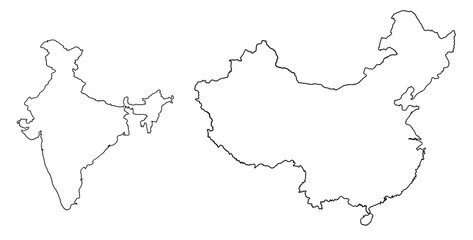 Contour drawing of China and India. Map illustration of Asian countries.	