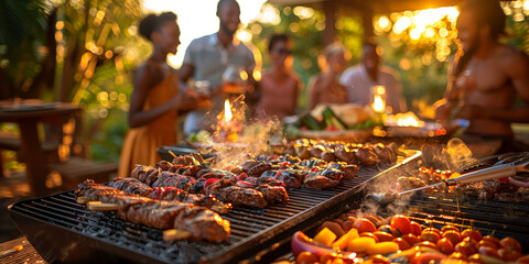 Friends enjoy a vibrant sunset barbecue party, great for lifestyle and social gathering themes.