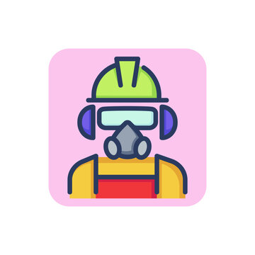 Worker in respirator line icon. Mask, helmet, man outline sign. Work safety and protection concept. Vector illustration for web design and apps