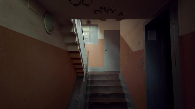 Entering old retro viintage Russian soviet time architecture apartment building