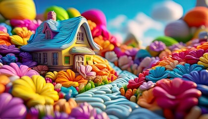 Fototapeta premium A charming cottage with a vibrant flower garden in full bloom. The distant flowers blur 