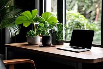 Ergonomic elegant luxury workplace. Modern computer, black leather mousepad and green potted plants on wooden table.