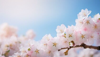 Obraz premium A gentle spring scene with pastel-colored cherry blossoms against a clear blue sky. 