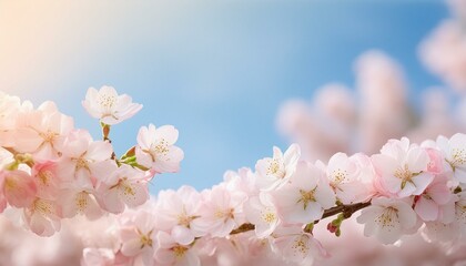 Fototapeta premium A gentle spring scene with pastel-colored cherry blossoms against a clear blue sky. 