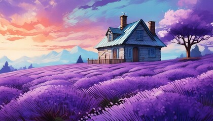 A quaint cottage adjacent to a field of blooming lavender under a clear sky. The lavender 