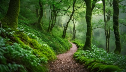Fototapeta premium A secluded forest scene with deep green, soft-focus foliage creating a uniform background. 