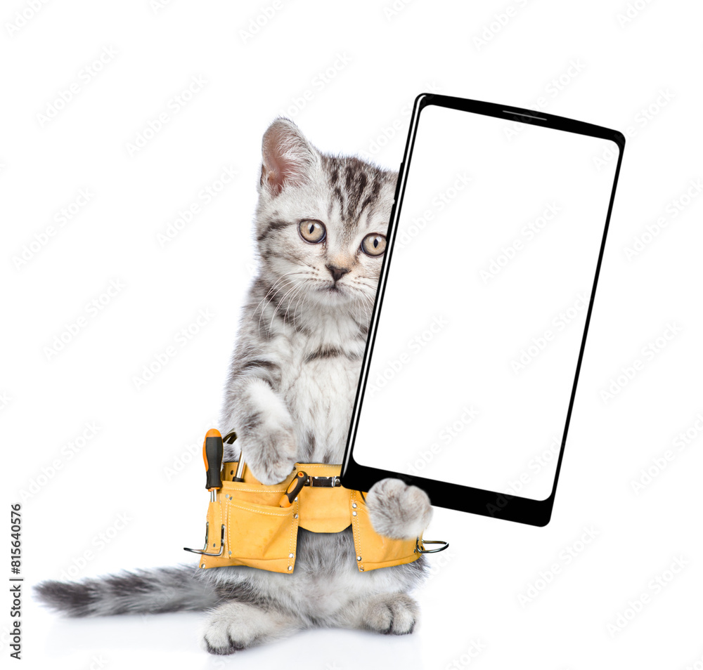 Poster funny cat worker wearing toolbelt standing on hind legs and shows big smartphone with white blank sc