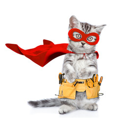 Cute kitten wearing red superhero costume and tool belt standing on hiund legs and looking at camera. Isolated on white background