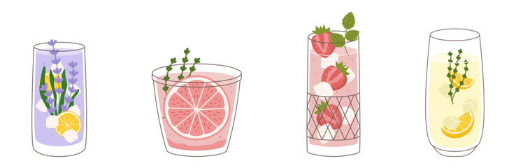 Collection with different taste lemonade and various of glasses shapes. Lemon and thyme, lavender, grapefruit and strawberry. Vector illustration in outline and flat color style.