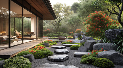 An artistic representation of a Zen tea garden, with a simple stone path leading to a rustic teahouse surrounded by aromatic herbs and flowering bushes, where guests can savor the