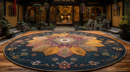 Obraz premium A dramatic photograph capturing the serenity of a Zen sand mandala, with intricate patterns and symbols meticulously crafted by skilled monks using colored sand, only to be swept a