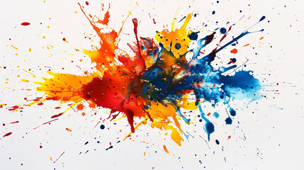 Bold splatters of primary colors, creating a dynamic and energetic abstract design on a white background.