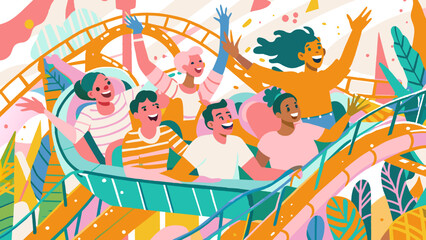 Thrilling Amusement Park Adventure with Joyful Friends on Roller Coaster