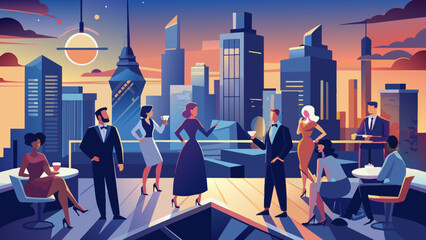 Elegant Evening Networking Event in Bustling Cityscape
