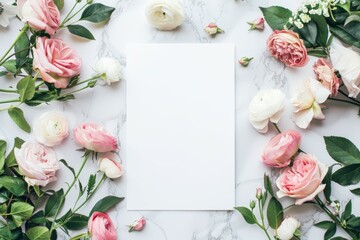 blank art paper, atop clean marble white table top and flowers 