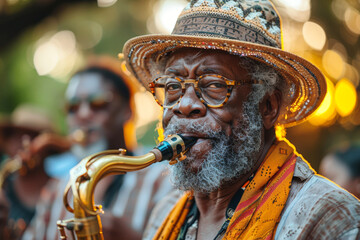 Elderly African man playing saxophone, ideal for jazz music and cultural heritage themes.