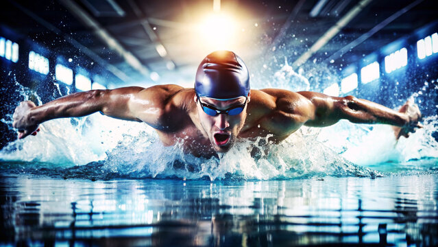 Professional man swimmer swim using breaststroke technique in swimming pool. Concept of professional sport and competition