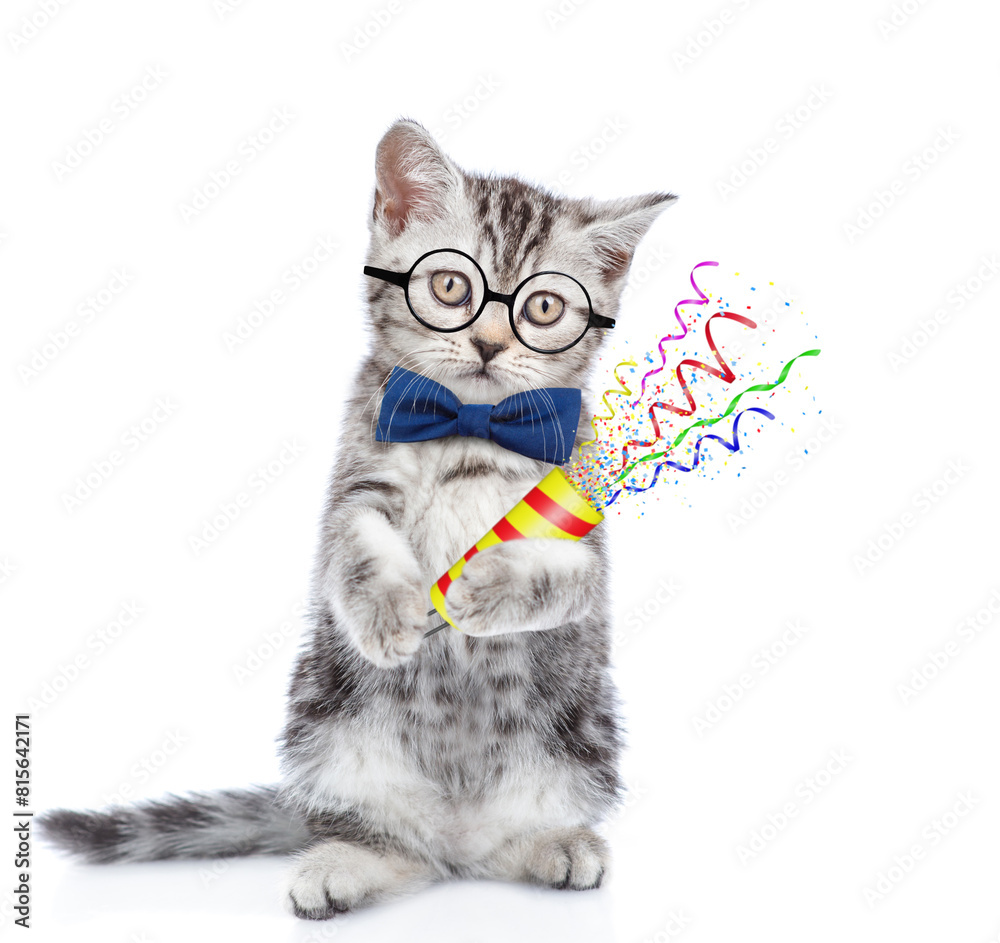 Poster tabby cute kitten wearing eyeglasses and tie bow holds exploding firecracker. isolated on blue backg