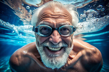 Fototapeta premium Happy senior man with Goggles dive underwater in a swimming pool. Happy elder have active sport at old age. Funny grandfather portrait wide angle