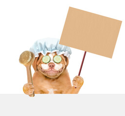 Mastiff puppy with shower cap on it head with pieces of cucumber on it eyes and with cream on it face holding blank banner mock up on wood stick above empty white banner. isolated on white background