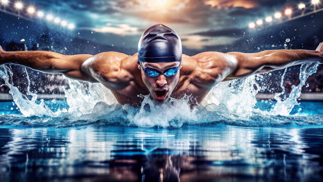 Professional man swimmer swim using breaststroke technique in swimming pool. Concept of professional sport and competition