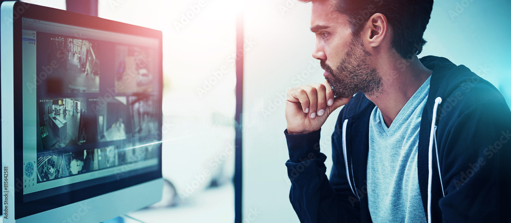 Poster Security, camera and man on computer for surveillance, tracking and investigating for crime in building. Technology, hacker and person online for cybersecurity, searching and monitoring or inspection