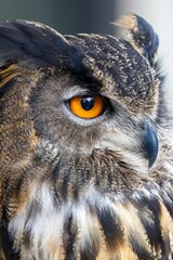Majestic eagle owl staring with its bright orange eyes