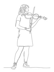 Young woman playing violin. Continuous line drawing. Black and white vector illustration in line art style.